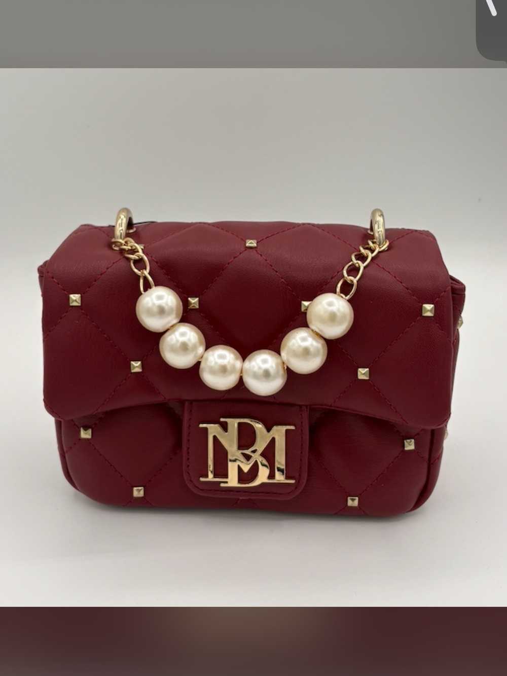 Badgley Mischka Quilted Wine Mini Shoulder Bag with Pearl Chain